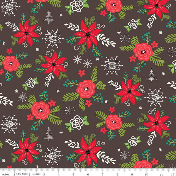 SALE Winter Wonder Main C12060 Charcoal - Riley Blake Designs - Christmas Floral Flowers Pine Needles Berries - Quilting Cotton Fabric