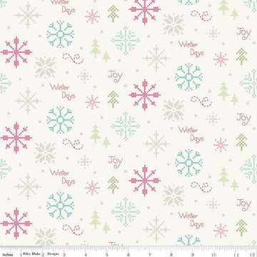8" End of Bolt - Winter Wonder Cross Stitch C12062 Cream - Riley Blake Designs - Christmas Snowflakes Text - Quilting Cotton Fabric