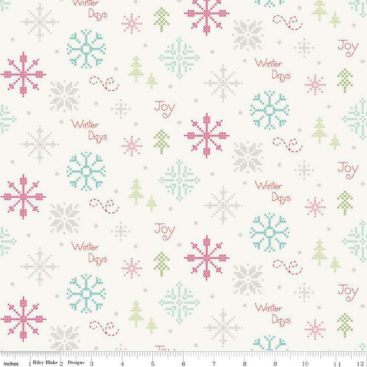 8" End of Bolt - Winter Wonder Cross Stitch C12062 Cream - Riley Blake Designs - Christmas Snowflakes Text - Quilting Cotton Fabric