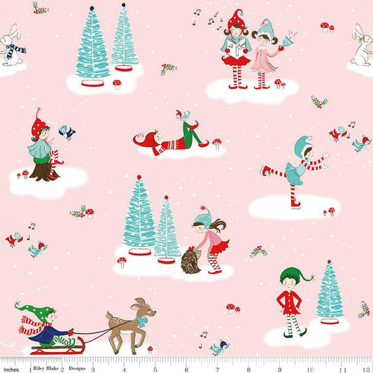 12" End of Bolt - Pixie Noel 2 Main C12110 Pink - Riley Blake Designs - Christmas Pixies Animals Trees Snow - Quilting Cotton Fabric