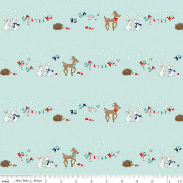 Fat Quarter End of Bolt -SALE Pixie Noel 2 Animals C12111 Mint- Riley Blake - Christmas Deer Rabbits Birds Hedgehogs -Quilting Cotton Fabric