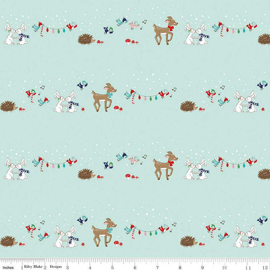 Fat Quarter End of Bolt -SALE Pixie Noel 2 Animals C12111 Mint- Riley Blake - Christmas Deer Rabbits Birds Hedgehogs -Quilting Cotton Fabric