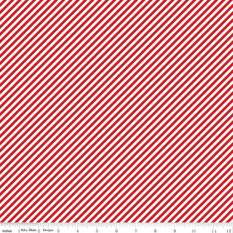 14" End of Bolt - Pixie Noel 2 Stripes C12118 Red - Riley Blake Designs - Christmas 1/8" Diagonal Stripes Red White - Quilting Cotton Fabric
