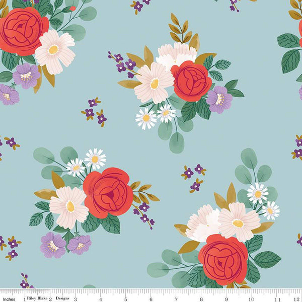 Fat Quarter End of Bolt Piece - SALE Sweet Picnic Main C12090 Sky - Riley Blake Designs - Floral Flowers - Quilting Cotton Fabric