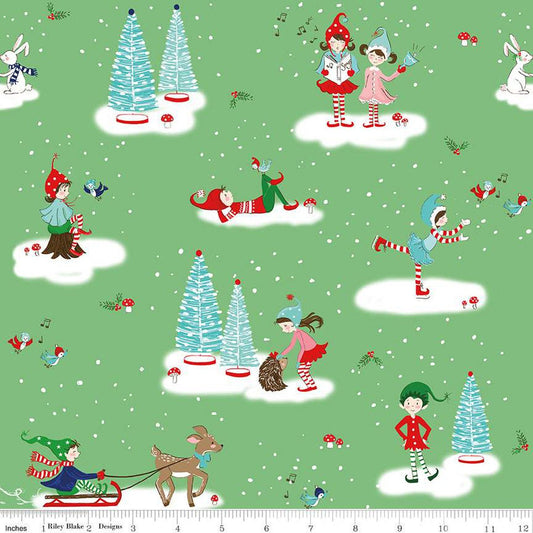 Fat Quarter End of Bolt - Pixie Noel 2 Main C12110 Green - Riley Blake Designs - Christmas Pixies Animals Trees - Quilting Cotton Fabric