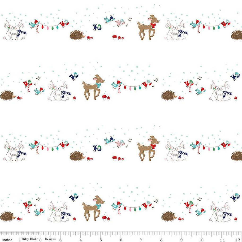 34" End of Bolt Pixie Noel 2 Animals C12111 White - Riley Blake Designs - Christmas Deer Rabbits Birds Hedgehogs - Quilting Cotton Fabric