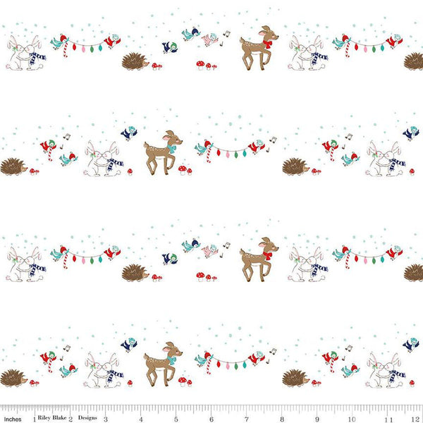 34" End of Bolt Pixie Noel 2 Animals C12111 White - Riley Blake Designs - Christmas Deer Rabbits Birds Hedgehogs - Quilting Cotton Fabric