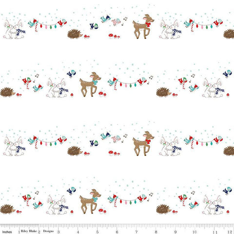 34" End of Bolt Pixie Noel 2 Animals C12111 White - Riley Blake Designs - Christmas Deer Rabbits Birds Hedgehogs - Quilting Cotton Fabric