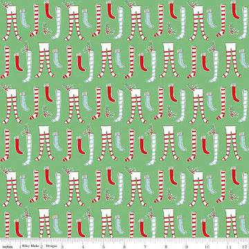 Fat Quarter End of Bolt - SALE Pixie Noel 2 Stockings C12112 Green - Riley Blake Designs - Christmas - Quilting Cotton Fabric