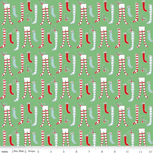 Fat Quarter End of Bolt - SALE Pixie Noel 2 Stockings C12112 Green - Riley Blake Designs - Christmas - Quilting Cotton Fabric