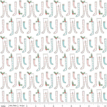 Fat Quarter End of Bolt - SALE Pixie Noel 2 Stockings C12112 White - Riley Blake Designs - Christmas - Quilting Cotton Fabric