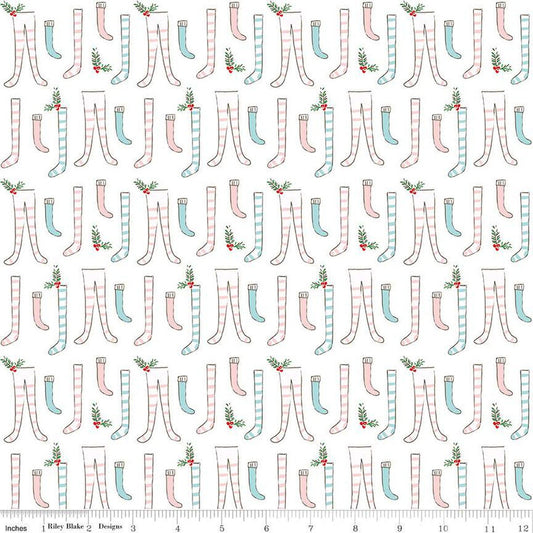 Fat Quarter End of Bolt - SALE Pixie Noel 2 Stockings C12112 White - Riley Blake Designs - Christmas - Quilting Cotton Fabric