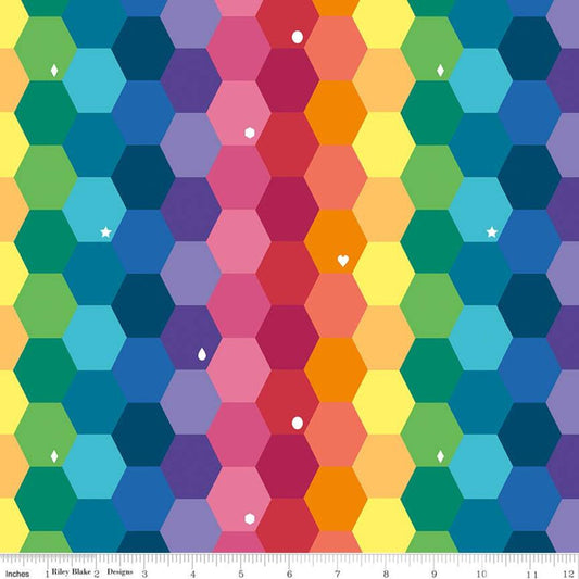 9" End of Bolt - SALE Imagine Main C12160 Rainbow - Riley Blake Designs - Geometric Hexies Hexagons - Quilting Cotton Fabric