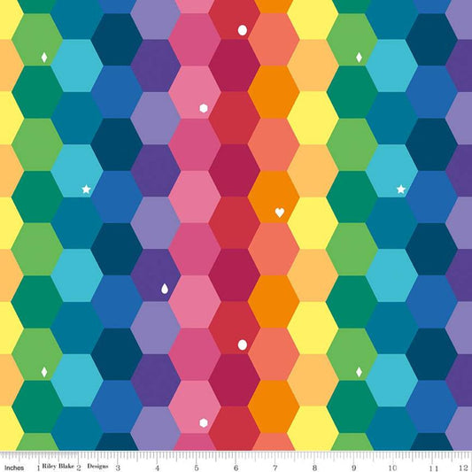 9" End of Bolt - SALE Imagine Main C12160 Rainbow - Riley Blake Designs - Geometric Hexies Hexagons - Quilting Cotton Fabric