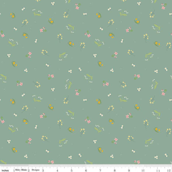 Fat Quarter End of Bolt - Emma Ditzy C12216 Dark Green by Riley Blake Designs - Floral Flowers - Quilting Cotton Fabric