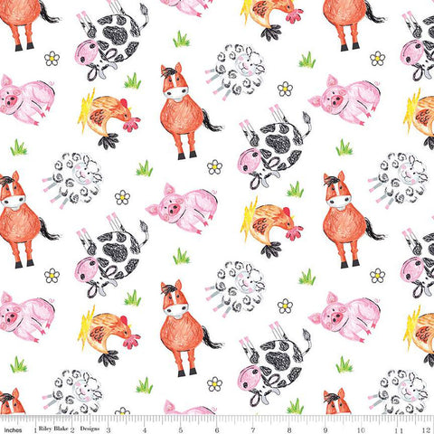 22" End of Bolt Piece - Coloring on the Farm Animals C12231 White - Riley Blake - Crayons Cows Horses Sheep Pigs  - Quilting Cotton Fabric