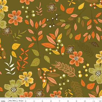 10" End of Bolt - Awesome Autumn Main C12170 Olive - Riley Blake Designs - Fall Floral Leaves Flowers Berries - Quilting Cotton Fabric