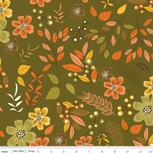 10" End of Bolt - Awesome Autumn Main C12170 Olive - Riley Blake Designs - Fall Floral Leaves Flowers Berries - Quilting Cotton Fabric