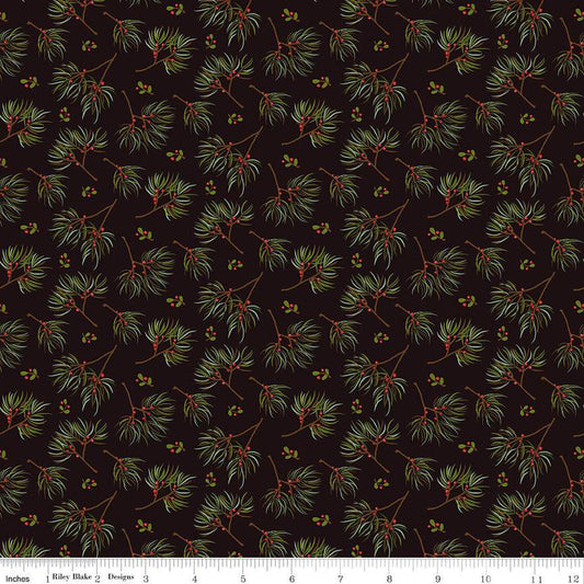 18" End of Bolt - SALE Adel in Winter Pine C12263 Mocha - Riley Blake Designs - Christmas Sprigs Needles Berries - Quilting Cotton Fabric