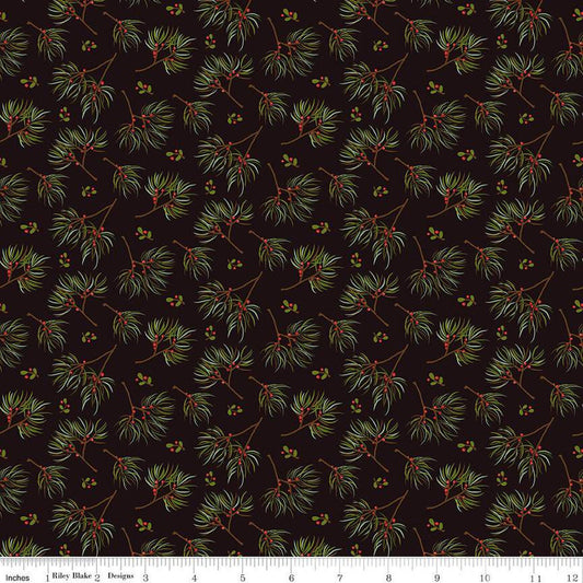 18" End of Bolt - SALE Adel in Winter Pine C12263 Mocha - Riley Blake Designs - Christmas Sprigs Needles Berries - Quilting Cotton Fabric