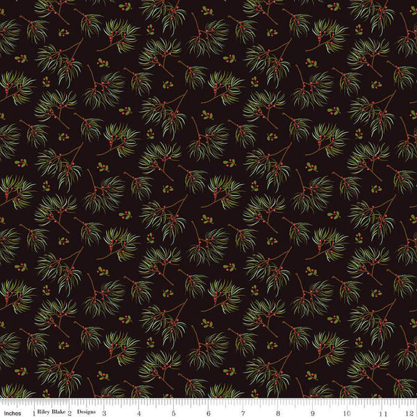 Fat Quarter End of Bolt - SALE Adel in Winter Pine C12263 Mocha - Riley Blake - Christmas Sprigs Needles Berries - Quilting Cotton Fabric