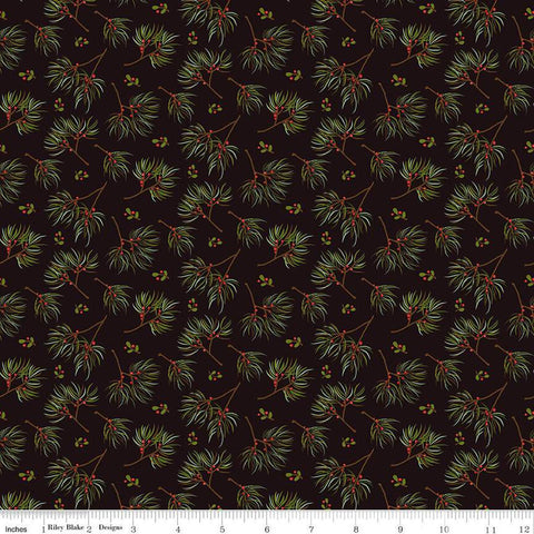 Fat Quarter End of Bolt - SALE Adel in Winter Pine C12263 Mocha - Riley Blake - Christmas Sprigs Needles Berries - Quilting Cotton Fabric