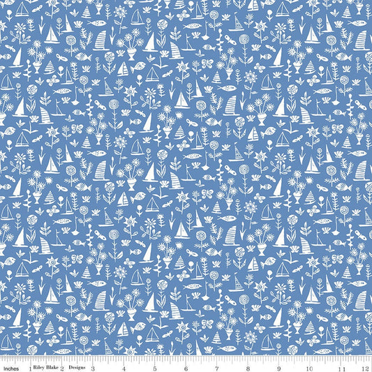 28" End of Bolt - Riviera Collection A Sealife B 01666455B - Riley Blake - Boat Flower Fish Blue - Liberty Fabrics  - Quilting Cotton Fabric