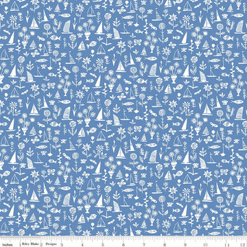28" End of Bolt - Riviera Collection A Sealife B 01666455B - Riley Blake - Boat Flower Fish Blue - Liberty Fabrics  - Quilting Cotton Fabric