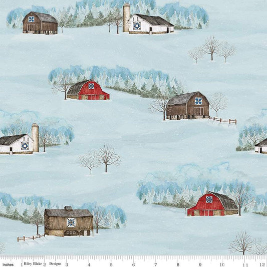 27" End of Bolt - Winter Barn Quilts Main CD12080 Sky - Riley Blake Designs - DIGITALLY PRINTED Barns Trees Snow - Quilting Cotton