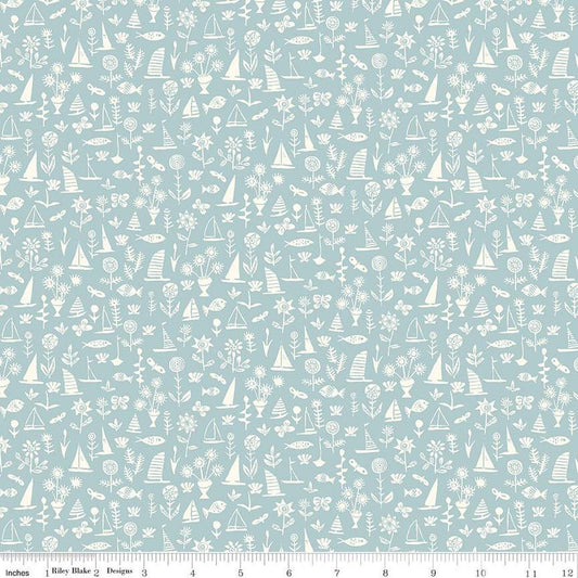 SALE Riviera Collection C Sealife D 01666455B - Riley Blake Designs - Boats Flowers Fish Blue - Liberty Fabrics  - Quilting Cotton Fabric
