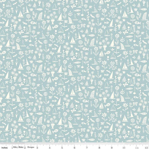 SALE Riviera Collection C Sealife D 01666455B - Riley Blake Designs - Boats Flowers Fish Blue - Liberty Fabrics  - Quilting Cotton Fabric