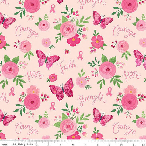 11" End of Bolt- Strength in Pink Main C12620 Blush by Riley Blake Designs- Flowers Butterflies Breast Cancer Ribbons Text- Quilting Cotton