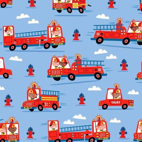 Fat quarter end of Bolt - SALE Ladder Co. 1 Firefighter Team DDC10582 Blue by Michael Miller - Engines Truck - Quilting Cotton Fabric