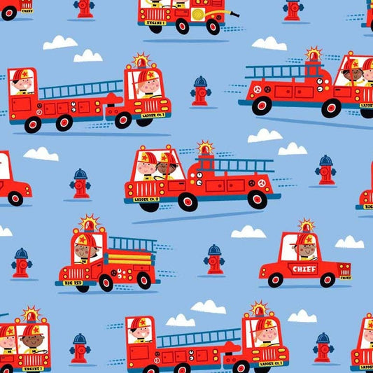 SALE Ladder Co. 1 Firefighter Team DDC10582 Blue by Michael Miller - Engines Truck - Quilting Cotton Fabric
