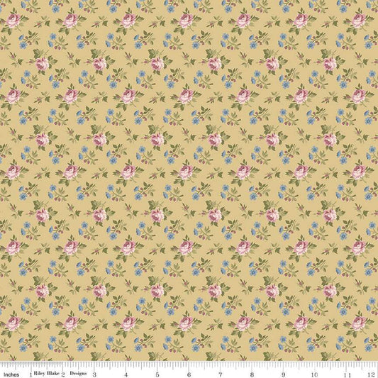 Fat Quarter End of Bolt - CLEARANCE Midnight Garden Rose Ditsy C12544 Dijon - Riley Blake - Floral Flowers Roses - Quilting Cotton Fabric