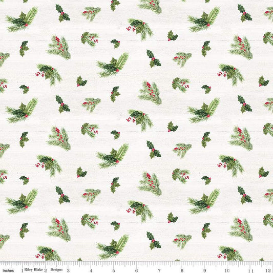 28" End of Bolt - SALE Monthly Placemats December Holly C12423 Cream - Riley Blake Designs - Christmas Pine Needles Sprigs - Quilting Cotton