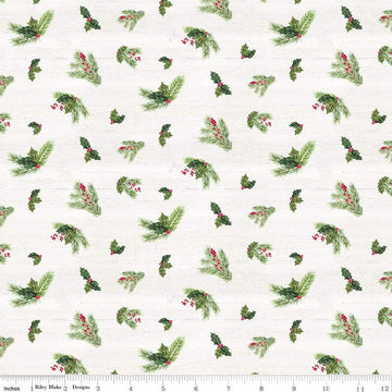 28" End of Bolt - SALE Monthly Placemats December Holly C12423 Cream - Riley Blake Designs - Christmas Pine Needles Sprigs - Quilting Cotton