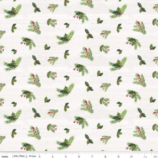 28" End of Bolt - SALE Monthly Placemats December Holly C12423 Cream - Riley Blake Designs - Christmas Pine Needles Sprigs - Quilting Cotton