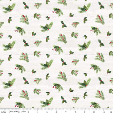 28" End of Bolt - SALE Monthly Placemats December Holly C12423 Cream - Riley Blake Designs - Christmas Pine Needles Sprigs - Quilting Cotton