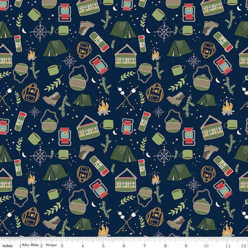 9" End of Bolt - Love You S'more Main C12140 Navy - Riley Blake - Camping Tents Boots Lanterns Canteens Campfires - Quilting Cotton Fabric