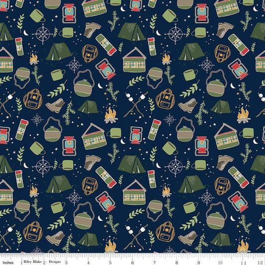 9" End of Bolt - Love You S'more Main C12140 Navy - Riley Blake - Camping Tents Boots Lanterns Canteens Campfires - Quilting Cotton Fabric