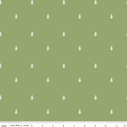 Fat Quarter End of Bolt - SALE Love You S'more Trees C12146 Green by Riley Blake - Camp Camping White Pines Pine - Quilting Cotton Fabric