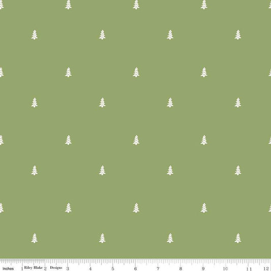 Fat Quarter End of Bolt - SALE Love You S'more Trees C12146 Green by Riley Blake - Camp Camping White Pines Pine - Quilting Cotton Fabric