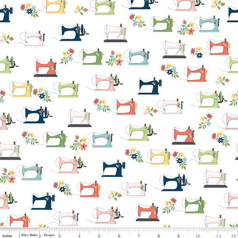 9" End of Bolt - Sew Much Fun Sewing Machines C12451 White by Riley Blake Designs - Vintage Machines Flowers - Quilting Cotton Fabric