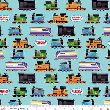 Fat Quarter End of Bolt Piece - SALE Thomas & Friends Engines CD12511 Aqua - Riley Blake -DIGITALLY PRINTED Quilting Cotton Licensed Product