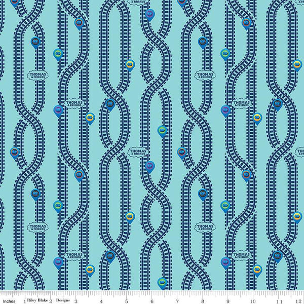 Fat Quarter End of Bolt - CLEARANCE Full Steam Ahead with Thomas and Friends Key Locations C12514 Aqua - Riley Blake - Quilting Cotton