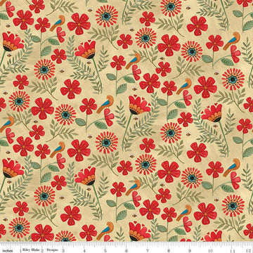 SALE Stitchy Birds Flowers C12601 Parchment - Riley Blake Designs - Sewing Folk Art Floral Bees - Quilting Cotton Fabric