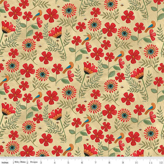 SALE Stitchy Birds Flowers C12601 Parchment - Riley Blake Designs - Sewing Folk Art Floral Bees - Quilting Cotton Fabric