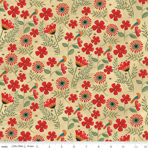 Stitchy Birds Flowers C12601 Parchment by Riley Blake Designs - Sewing Folk Art Floral Bees - Quilting Cotton Fabric