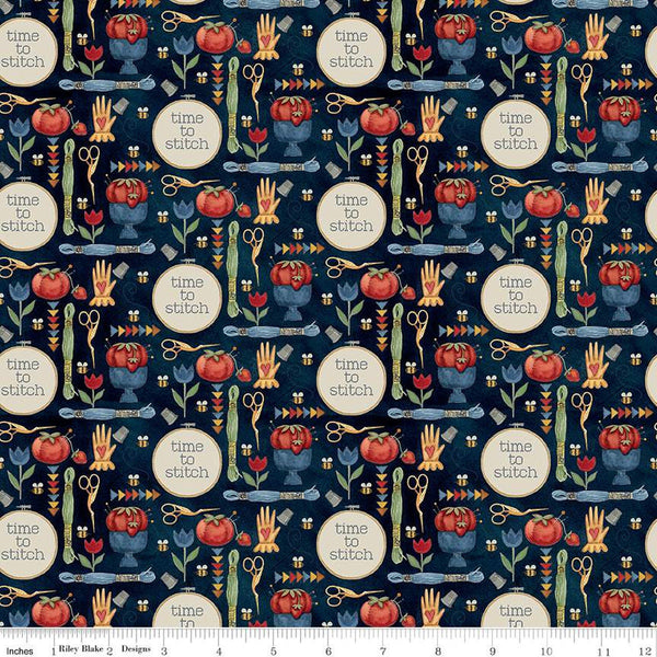 19" End of Bolt - Stitchy Birds Tools C12603 Midnight by Riley Blake - Sewing Embroidery Folk Art Flowers - Quilting Cotton Fabric